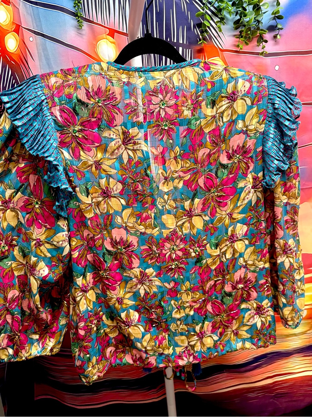 Vintage Diane Freis Georgette Floral Embellished Sheer Ruffle Blouse - Picture 8 of 12